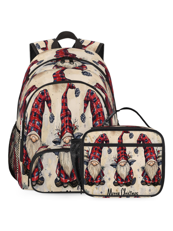 Buffalo Plaid Christmas Gnome Backpack and Insulated Lunch Box Set, Multi‑Pocket Daypack with Detachable Insulated Lunch Tote for Travel Work Outdoor, Rustic Cute Gnome