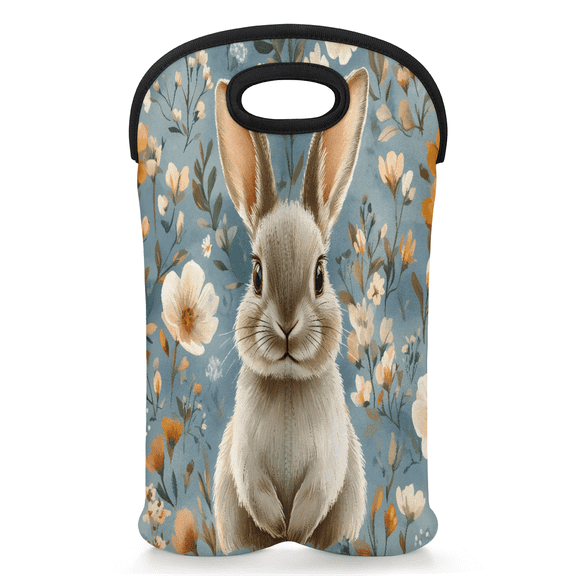 Jiaoprinted Bunny Flowers 2 Bottle Neoprene Wine Carrier Tote Bag, Cute Spring Animal Reusable Wine Carrying Bag for Travel Restaurant Party Beach