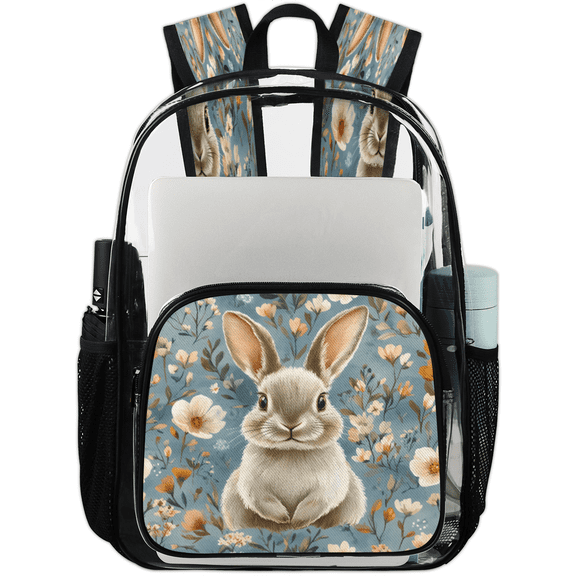 Jiaoprinted Bunny Flowers Clear Backpack for Stadium Events, Cute Spring Animal Transparent Plastic Bag for Games, Security Checks, Festivals, Concerts