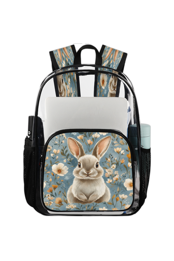Bunny Flowers Clear Backpack for Stadium Events, Cute Spring Animal Transparent Plastic Bag for Games, Security Checks, Festivals, Concerts