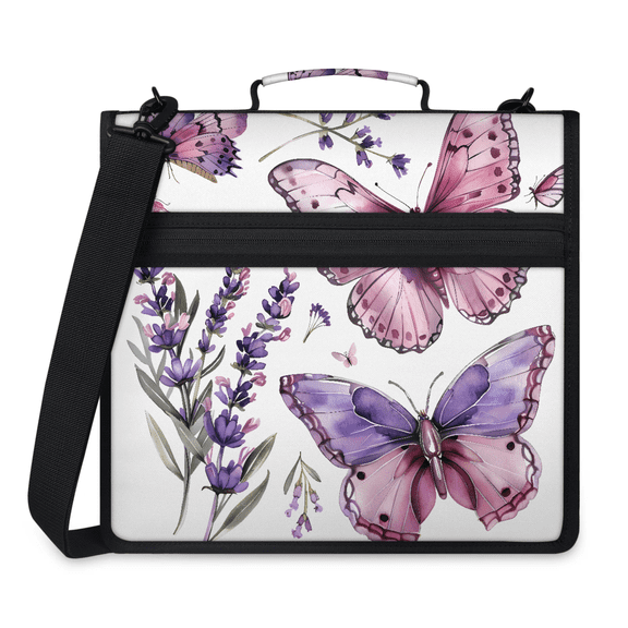 Jiaoprinted Butterfly Zipper 3 D-Ring Binder Bag with Shoulder Strap, Lavender Waterproof Expanding Binder, Multi-Pocket Portfolio Organizer Case
