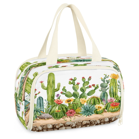 Jiaoprinted Cactus Flower Travel Toiletry Bag for Women, Large Wide-open Makeup Bag, Desert Botanical Succulent Waterproof Cosmetic Bag Organizer with Handle