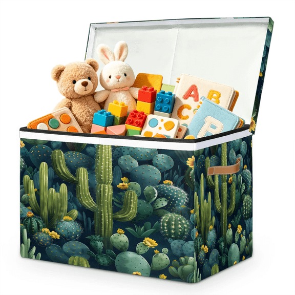 Jiaoprinted Cactus Large Toys Storage Box with Lid and Divider, Southwest Plant Foldable Toys Storage Organizer, Stackable Home Organization, 85L