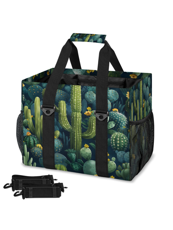 Cactus Reusable Grocery Bag 33L Large Foldable Shopping Bag with Detachable Shoulder Strap & Mesh Pockets, for Beach Camping Travel, Southwest Plant