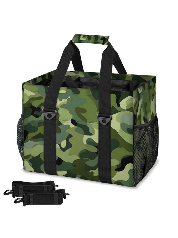 Camo Reusable Grocery Bag, Upright Heavy‑Duty Foldable Shopping Bag with Removable Shoulder Strap, Multi‑Pocket Storage Tote for Beach Camping, Green Camouflage