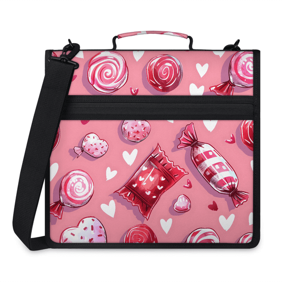 Jiaoprinted Candy Heart Zipper Binder, Sweet Lollipop Candy 3 D-Ring Binder, Multi-Pocket Expanding Organizer Bag with Handle and Shoulder Strap for Travel Work