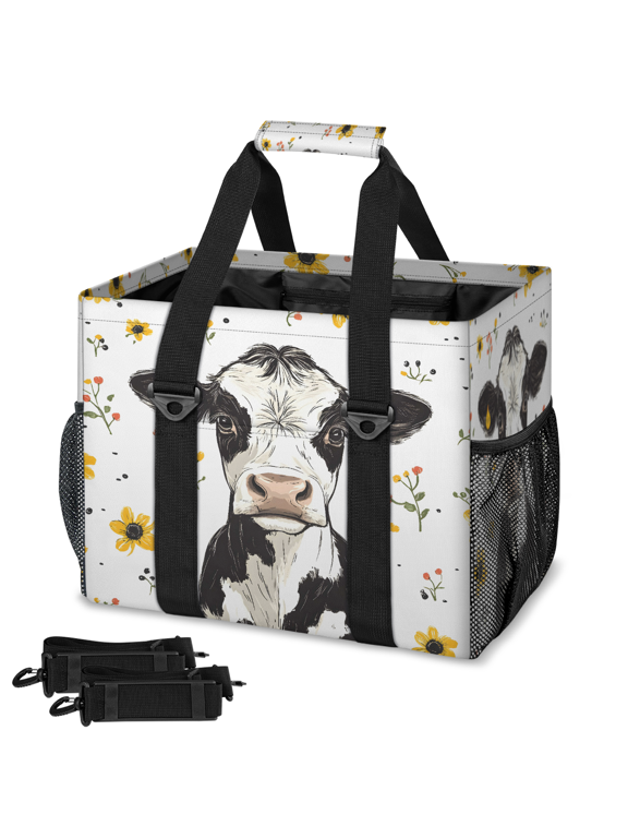 Cartoon Cow Head Reusable Grocery Bag, Upright Heavy‑Duty Foldable Shopping Bag with Removable Shoulder Strap, Multi‑Pocket Storage Tote for Beach Camping, Floral Farm Cow