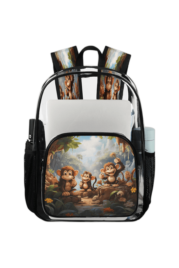 Cartoon Monkeys Clear Backpack for Stadium Events, Jungle Wild Animals Transparent Plastic Bag for Games, Security Checks, Festivals, Concerts