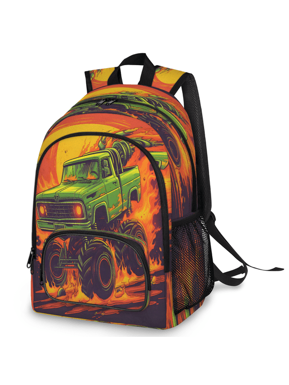 Cartoon Racing Car Laptop Backpack, Large Sunset Green Monster Truck Travel Backpack Men Women, Work Business Computer Casual Daypack Rucksack, 18 Inch