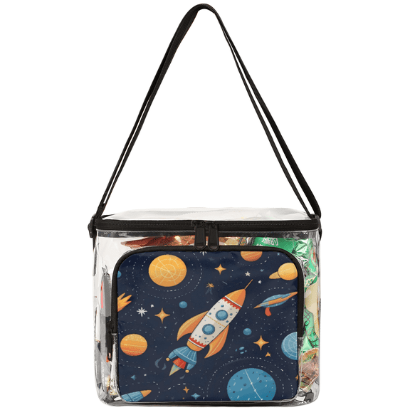 Jiaoprinted Cartoon Rockets Planets Clear Lunch Bag, Outer Space Reusable Leakproof Lunch Box with Adjustable Shoulder Strap for Picnic Work Beach