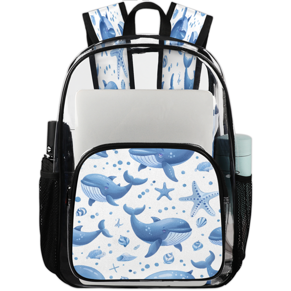 Jiaoprinted Cartoon Whale Dolphin Clear Backpack for Stadium Events, Transparent Backpacks See Through Plastic Bag for Concerts & Work, Ocean Pattern