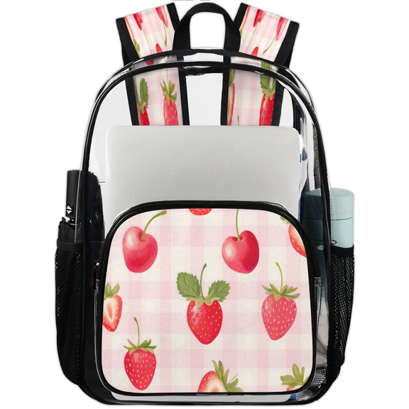 Jiaoprinted Cherries Strawberries Clear Backpack for Stadium Events, Cute Summer Fruit Transparent Plastic Bag for Games, Security Checks, Festivals, Concerts