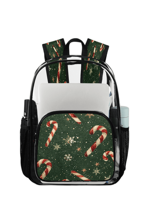 Christmas Candy Cane Clear Backpack for Stadium Events, Transparent Backpacks See Through Plastic Bag for Concerts & Work, Green