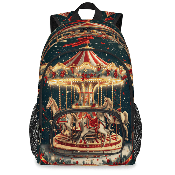 Jiaoprinted Christmas Carousel Horses Backpack, Large Carousel Horses Travel Laptop Backpack Men Women Work Business Computer Casual Daypack Rucksack, 18 Inch