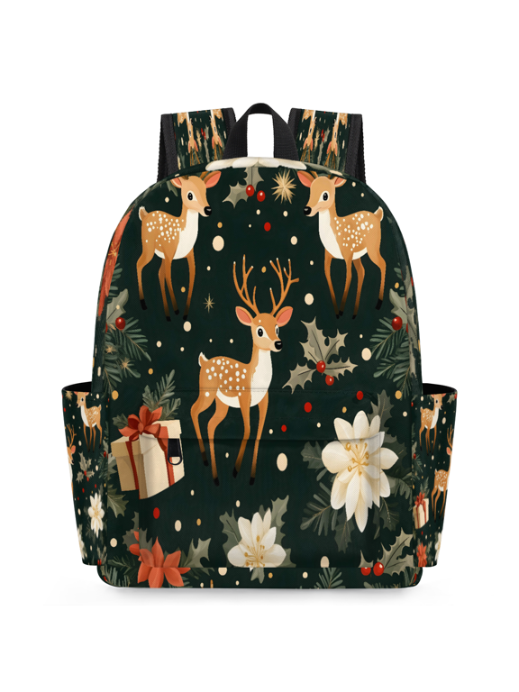 Christmas Deer Backpack, Lightweight 15 Inch Laptop Backpack for Men Women, Casual Daypack for Travel Work, Winter Holiday Fawns Poinsettias