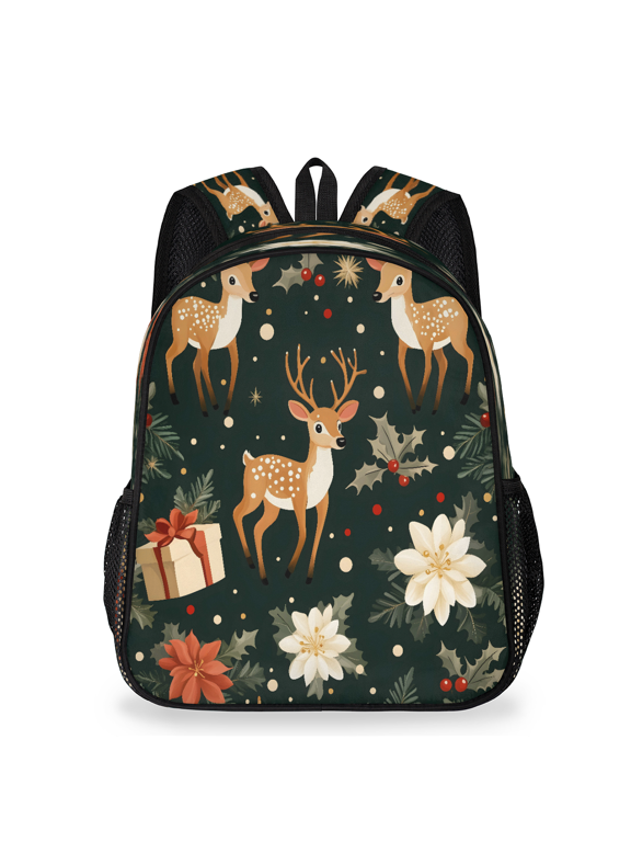Christmas Deer Backpack, Lightweight Casual Daypack with Chest Strap & Water Bottle Pockets, Winter Holiday Fawns Poinsettias Sports Travel Bag for Work