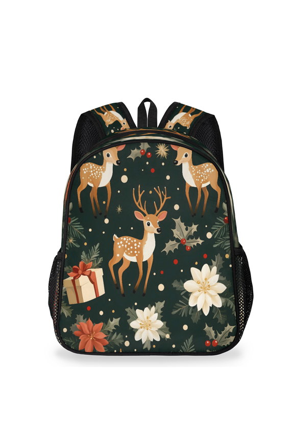 Christmas Deer Backpack, Lightweight Casual Daypack with Chest Strap & Water Bottle Pockets, Winter Holiday Fawns Poinsettias Sports Travel Bag for Work