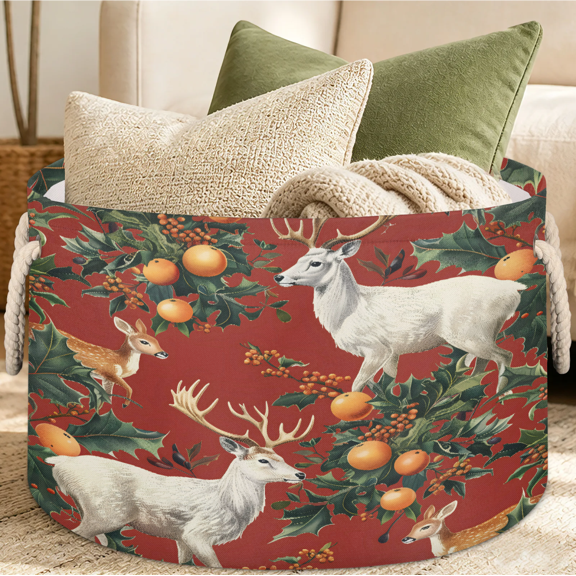 Jiaoprinted Christmas Deer Blankets Storage Basket with Handles, Foldable Waterproof Fabric Clothes Storage Organizer for Bedroom Living Room, 65L, Holiday Reindeer