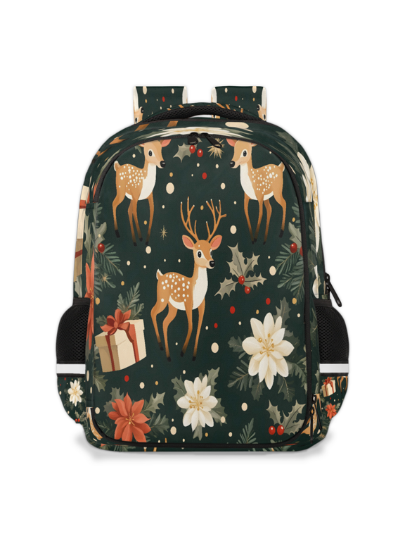 Christmas Deer Multi-Functional Backpack, 16" Waterproof Travel Casual Daypack with Reflective Strip, Winter Holiday Fawns Poinsettias Work Laptop Backpack for Men Women