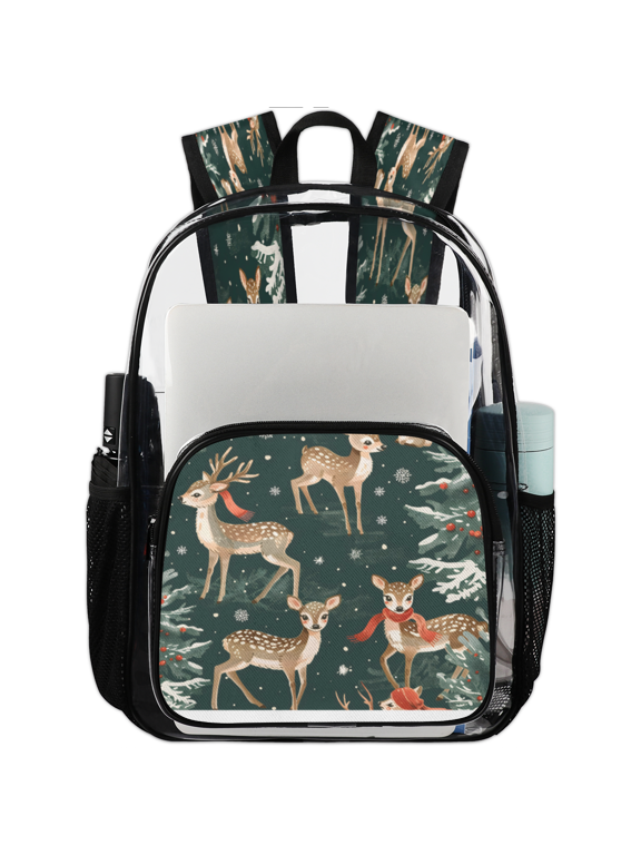 Christmas Fawns Clear Backpack for Stadium Events, Deer Snowflakes Transparent Plastic Bag for Games, Security Checks, Festivals, Concerts