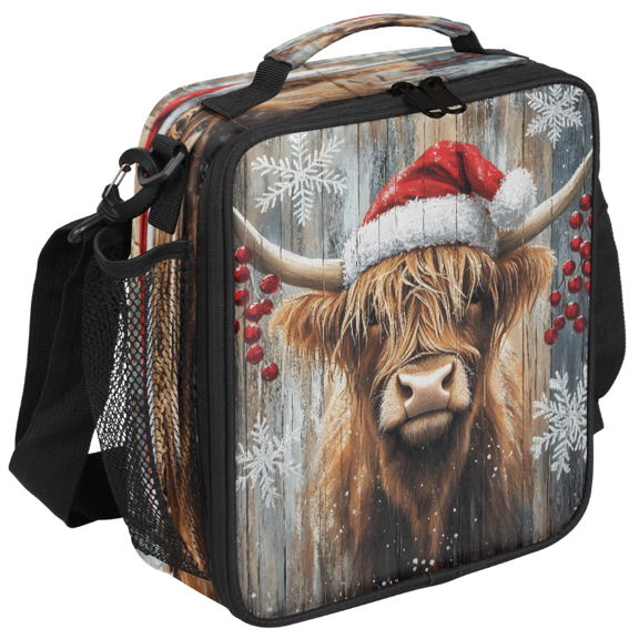 Jiaoprinted Christmas Highland Cow Insulated Lunch Box Bag, Farmhouse Highland Cattle Leakproof Portable Adults Lunch Cooler Tote Bag for Work Picnic