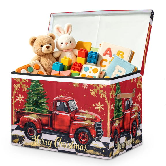 Jiaoprinted Christmas Red Truck Large Toy Storage Box with Lid and Divider, Red Foldable Toy Storage Organizer, Stackable Storage Container Home Organization, 85L