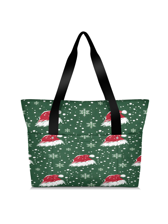 Christmas Snowflake Tote Bag for Women, Red Santa Hat Zipper Travel Handbag for Teacher Nurse, Lightweight Work Shoulder Bag
