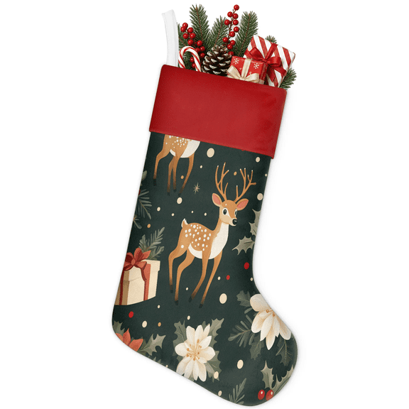 Jiaoprinted Christmas Stocking, Christmas Deer Holiday Stocking with Hanging Loop for Mantel, Xmas Home Decor, 18 Inch, Winter Holiday Fawns Poinsettias