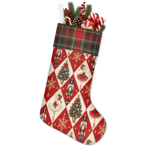 Jiaoprinted Christmas Stocking, Christmas Nutcrackers Tree Holiday Stocking with Hanging Loop for Mantel, Xmas Home Decor, 18 Inch
