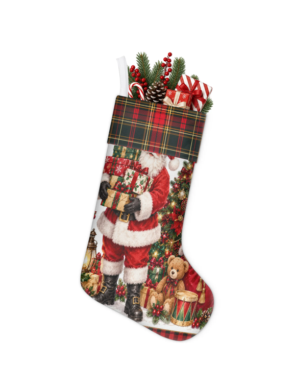 Christmas Stocking, Christmas Santa Tree Holiday Stocking with Hanging Loop for Mantel, Xmas Home Decor, 18 Inch