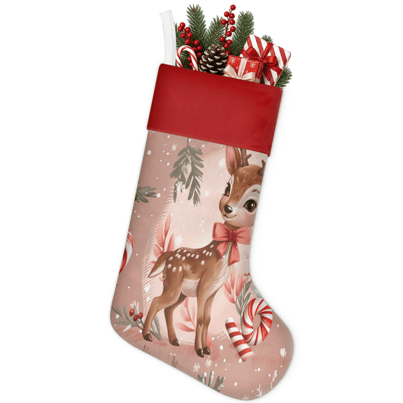Jiaoprinted Christmas Stocking, Deer Candy Cane Holiday Stocking with Hanging Loop for Mantel, Xmas Home Decor, 18 Inch, Snowflake Christmas