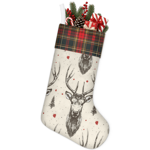 Jiaoprinted Christmas Stocking, Forest Deer Heads Holiday Stocking with Hanging Loop for Mantel, Xmas Home Decor, 18 Inch, Rustic Hunting Deer