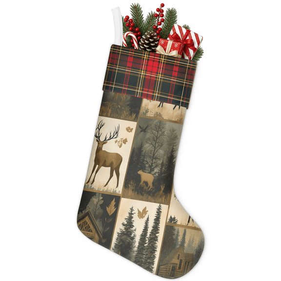 Jiaoprinted Christmas Stocking, Rustic Deer Cabin Holiday Stocking with Hanging Loop for Mantel, Xmas Home Decor, 18 Inch, Vintage Wildlife