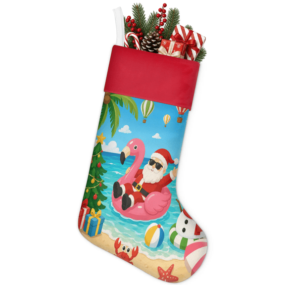 Jiaoprinted Christmas Stocking, Tropical Beach Santa Palm Tree 18" Large Hanging Xmas Decorative Stocking for Fireplace Home Decor