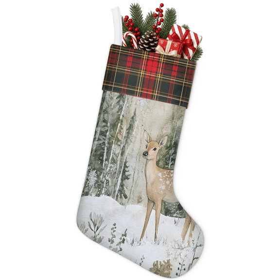 Jiaoprinted Christmas Stocking, Winter Forest Deer Holiday Stocking with Hanging Loop for Mantel, Xmas Home Decor, 18 Inch, Woodland Fawn Snowflakes