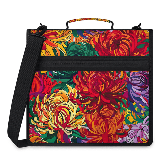 Jiaoprinted Colorful Chrysanthemum Zipper 3 D-Ring Binder Bag with Shoulder Strap, Flower Waterproof Expanding Binder, Multi-Pocket Portfolio Organizer Case