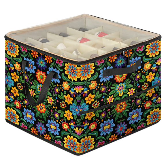 Jiaoprinted Colorful Floral Shoe Organizer for Closet, Adjustable Divider Shoe Storage Bin with Clear Lid, Foldable Stackable Closet Shoe Storage with Side Mesh Pocket, Boho Mexican Flower