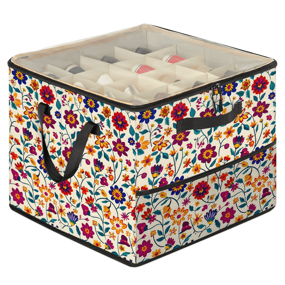 Jiaoprinted Colorful Mexican Boho Floral Shoe Organizer for Closet, Adjustable Divider Shoe Storage Bin with Clear Lid, Foldable Stackable Closet Shoe Storage with Side Mesh Pocket, Bohemian Flowers