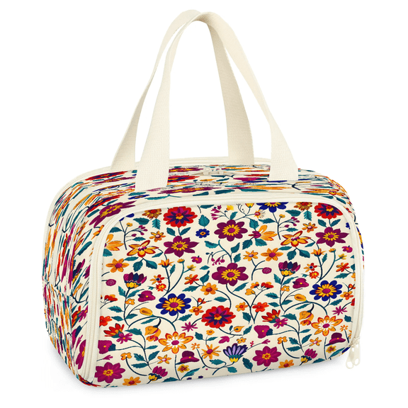 Jiaoprinted Colorful Mexican Boho Floral Travel Toiletry Bag for Women, Large Wide-open Makeup Bag, Bohemian Flowers Waterproof Cosmetic Bag Organizer with Handle
