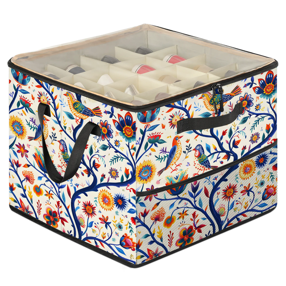 Jiaoprinted Colorful Mexican Floral Shoe Organizer for Closet, Adjustable Divider Shoe Storage Bin with Clear Lid, Foldable Stackable Closet Shoe Storage with Side Mesh Pocket, Bohemian Flowers Bird