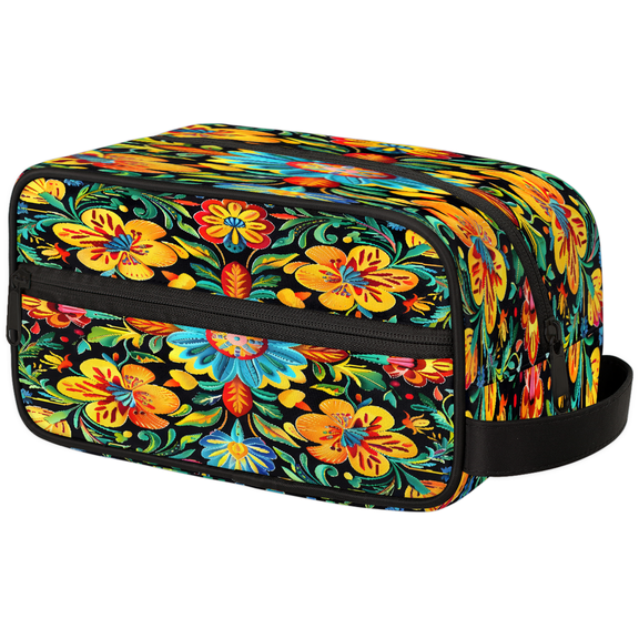 Jiaoprinted Colorful Mexican Flower Travel Makeup Bag, Waterproof Boho Toiletry Organizer, Portable Cosmetic Pouch for Daily Use