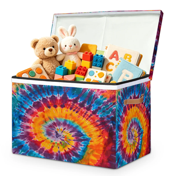 Jiaoprinted Colorful Tie Dye Toy Storage Box Chest with Lid & Divider, Boho Hippie Foldable Toy Organizer Bin with Sturdy Handles for Nursery Living Room, 85L, 25"x13"x16"