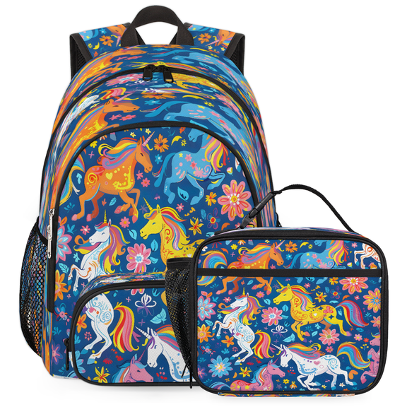 Jiaoprinted Colorful Unicorns Backpack with Insulated Cooler Lunch Box, Lightweight Mexico Flower Work Laptop Backpack with Lunch Bag, Travel Computer Casual Daypack, 18.3 Inch