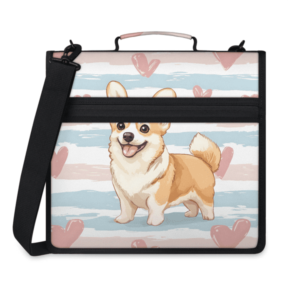 Jiaoprinted Corgi Dog Zipper Binder, Stripes and Hearts 3 D-Ring Binder, Multi-Pocket Expanding Organizer Bag with Handle and Shoulder Strap for Travel Work