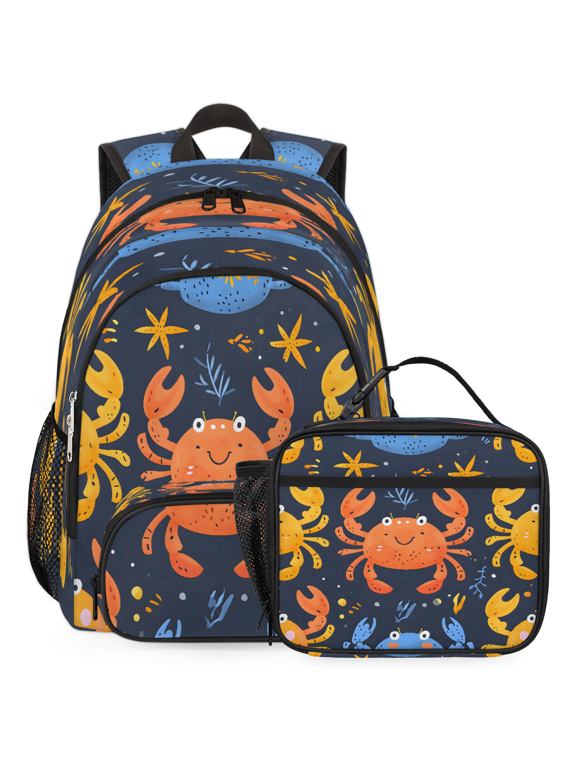 Crab Coastal Backpack with Insulated Cooler Lunch Box, Lightweight Cartoon Crab Work Laptop Backpack with Lunch Bag, Travel Computer Casual Daypack, 18.3 Inch