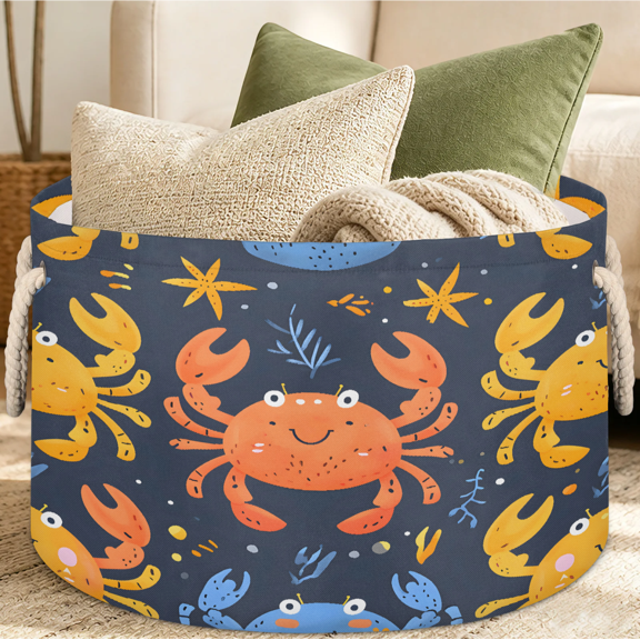 Jiaoprinted Crab Coastal Large Round Collapsible Storage Basket, 65L Fabric Storage Organizer Bin with Handles for Blankets Linens Clothes, 19.4" x 13.3" Cartoon Crab