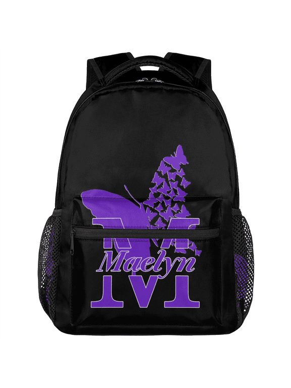 Custom Backpack for Woman, Butterfly Personalized Initial Name Large Casual Daypack, Customized Travel Laptop Back Pack, Purple Butterfly