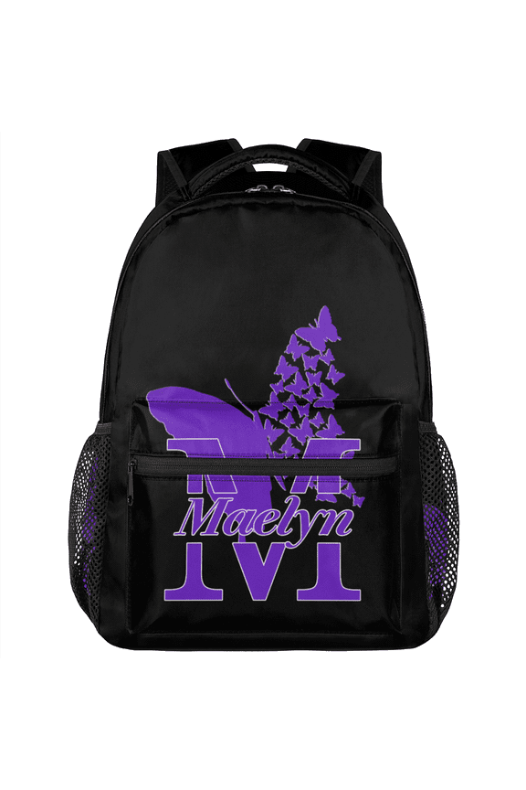 Custom Backpack for Woman, Butterfly Personalized Initial Name Large Casual Daypack, Customized Travel Laptop Back Pack, Purple Butterfly