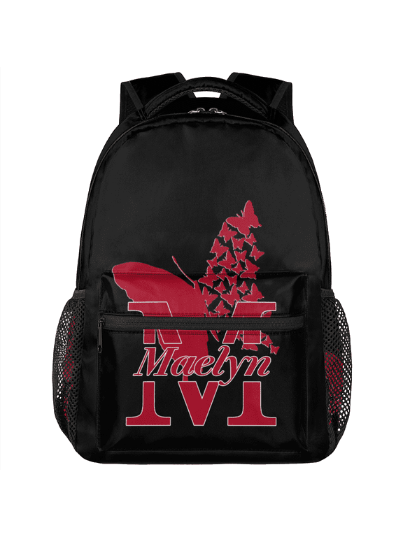 Custom Backpack for Woman, Butterfly Personalized Initial Name Large Casual Daypack, Customized Travel Laptop Back Pack, Red Butterfly