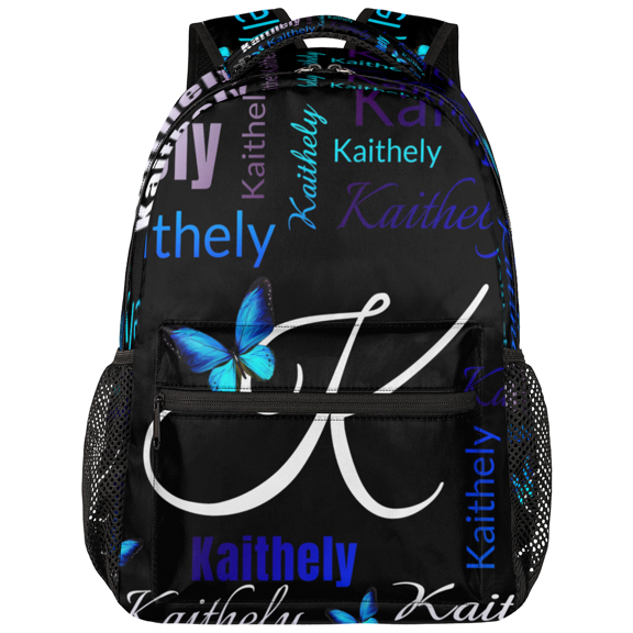 Jiaoprinted Custom Black Blue Butterfly Backpack for Woman, 18 Inch Butterflies Personalized Large Casual Bag Daypack, Customized Travel Backpacks